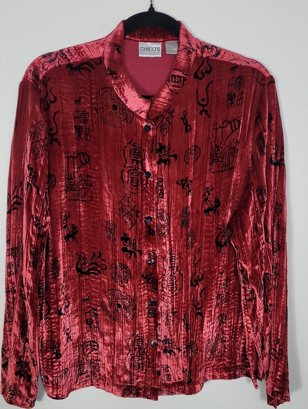 Vintage Chico’s Velvet Asian Inspired Button Up Shirt Size 2 Large Red Black